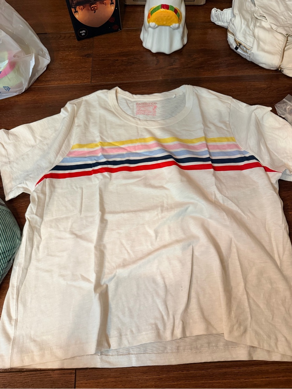 Faherty White Short-Sleeve Tee with Pink, Yellow, Blue and Red Stripes